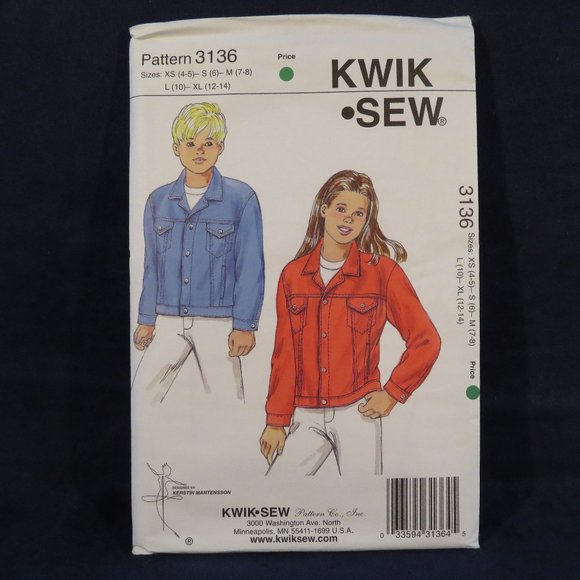 KWIK-SEW 3136 Child's JEAN Jacket Sizes XS-XL UNCUT (#944) - Picture 1 of 2